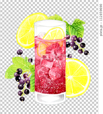 カシスソーダとカシス・レモンの果実　飲み物（お酒）の手描き水彩イラスト素材 112859690