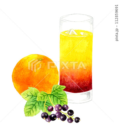 カシスオレンジ（カシオレ）と果実　飲み物・お酒の手描き水彩イラスト素材 112859691