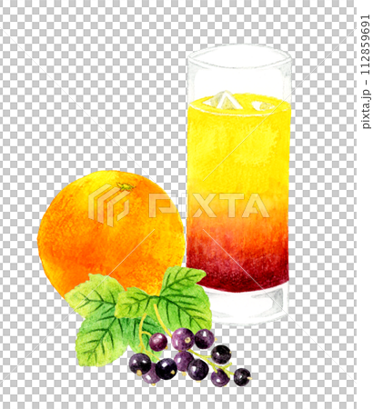 カシスオレンジ（カシオレ）と果実　飲み物・お酒の手描き水彩イラスト素材 112859691