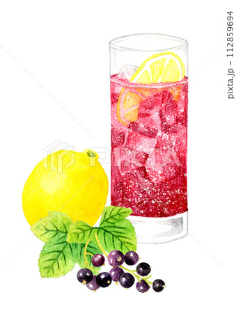 カシスソーダとカシス・レモンの果実 飲み物(お酒)の手描き水彩イラスト素材 カシスソーダとカシス・レモンの果実 飲み物(お酒)の手描き水彩イラスト素材 112859694