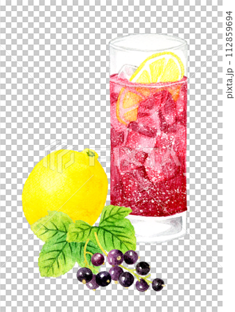 カシスソーダとカシス・レモンの果実 飲み物(お酒)の手描き水彩イラスト素材 カシスソーダとカシス・レモンの果実 飲み物(お酒)の手描き水彩イラスト素材 112859694