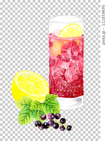 カシスソーダとカシス・レモンの果実　飲み物（お酒）の手描き水彩イラスト素材 112859695