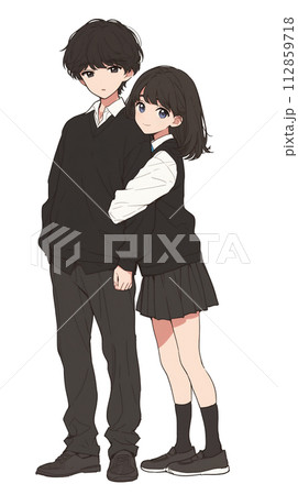 日本の学生　制服姿の男女のイラスト　腕組み 112859718