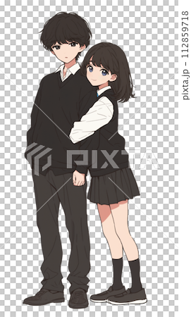 日本の学生　制服姿の男女のイラスト　腕組み 112859718