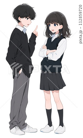 日本の学生　制服姿の男女のイラスト　喧嘩 112859720