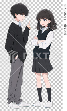 日本の学生　制服姿の男女のイラスト　喧嘩 112859720