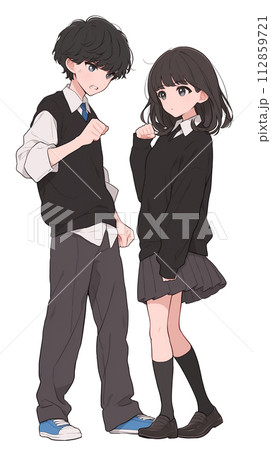 日本の学生　制服姿の男女のイラスト　喧嘩 112859721