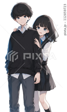 日本の学生　制服姿の男女のイラスト　女の子を守る 112859723