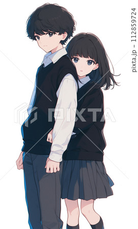 日本の学生　制服姿の男女のイラスト　バックハグ 112859724