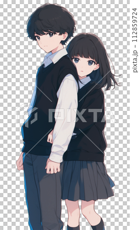 日本の学生　制服姿の男女のイラスト　バックハグ 112859724