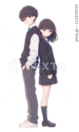 日本の学生 制服姿の男女のイラスト 背中合わせ 日本の学生 制服姿の男女のイラスト 背中合わせ 112859729