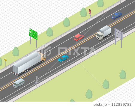 アイソメトリック図法で描いたワイヤーロープ防護柵で分離された対面通行の高速道路イメージ(マス目地) アイソメトリック図法で描いたワイヤーロープ防護柵で分離された対面通行の高速道路イメージ(マス目地) 112859782