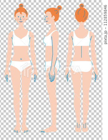 Female body front, sideways, rear view, underwear illustration 112859846