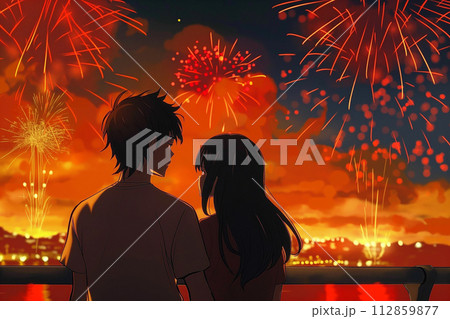 花火を見るカップルの後ろ姿 112859877