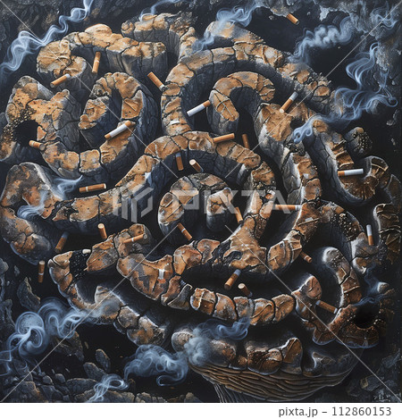 Illustration of brain as a maze, with pathways blocked by cigarette butts and smoke clouds, symbolizing the obstacles and risks smoking to brain health. Generative AI. 112860153