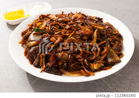 Platter Jjajangmyeon with stir-fried noodles in Jjajang sauce Platter Jjajangmyeon with stir-fried noodles in Jjajang sauce 112860260