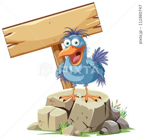 Cheerful Bird with Wooden Sign Cheerful Bird with Wooden Sign 112860747