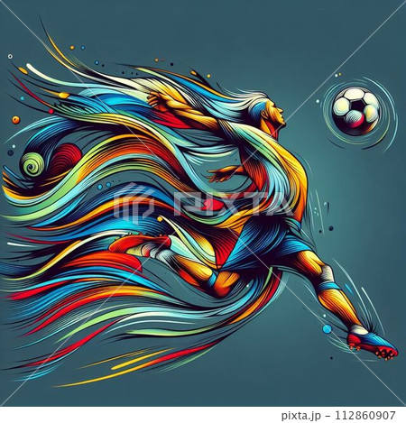 抽象的な青い光線を放つサッカー(AI生成) 112860907