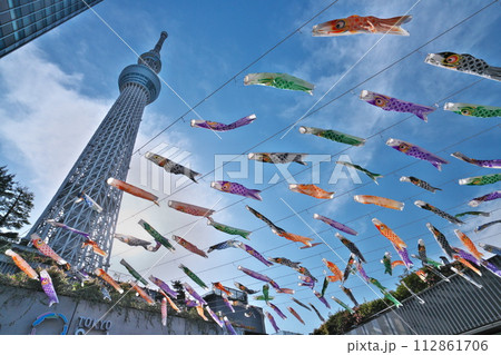 春 青空に泳ぐ鯉のぼりと東京スカイツリーコラボ 112861706