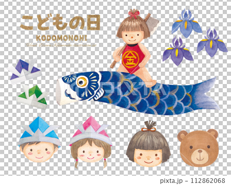 兒童節金太郎和騎著鯉魚旗微笑的孩子向量圖素材 112862068