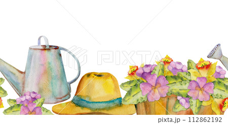 Hand drawn watercolor illustration spring gardening flowerbed watering can sun hat primula leaves. Seamless banner isolated on white background. Design print, shop, scrapbooking, packaging, wallpaper 112862192