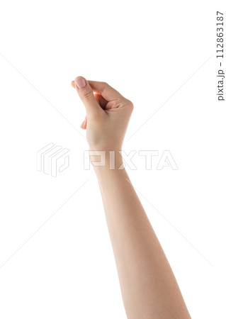 Young female right hand hold something thin or small isolated on white Young female right hand hold something thin or small isolated on white 112863187
