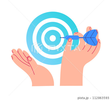 Hand with the dart aims at the center of the circle 112863593