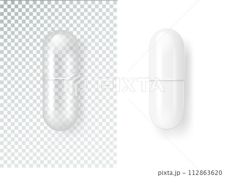 Pill Medical capsule tablet icon isolated on transparent grid background. Vector realistic Pill Medical capsule tablet icon isolated on transparent grid background. Vector realistic 112863620