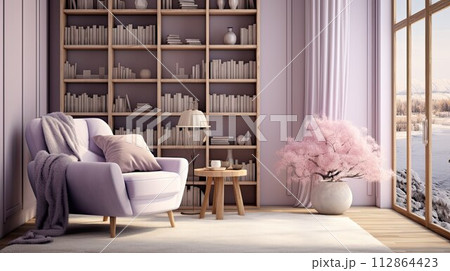 Cabinet Room with armchair and bookcase. Library with natural light. Design of modern living room in soft colors. 112864423