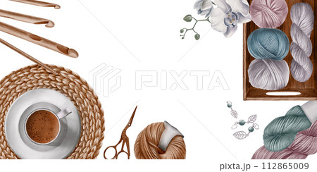 Watercolor composition for knitting magazines,knitting school,banners,websites.Skeins of yarn,wooden hooks,crane scissors,crocheted hot stand,coffee cup,stitch markers,wooden box,white orchid flowers. Watercolor composition for knitting magazines,knitting school,banners,websites.Skeins of yarn,wooden hooks,crane scissors,crocheted hot stand,coffee cup,stitch markers,wooden box,white orchid flowers. 112865009