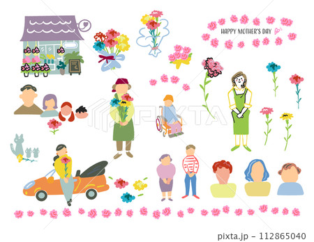 カーネーションを中心に母の日に寄せて お母さん 家族 お花屋さん セット イラスト素材 カーネーションを中心に母の日に寄せて お母さん 家族 お花屋さん セット イラスト素材 112865040