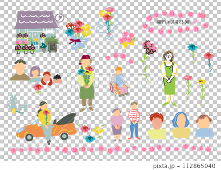 カーネーションを中心に母の日に寄せて お母さん 家族 お花屋さん セット イラスト素材 カーネーションを中心に母の日に寄せて お母さん 家族 お花屋さん セット イラスト素材 112865040
