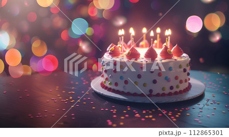 Birthday cake on blur background with studio light. Happy Birthday concept. Generative AI 112865301