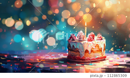 Birthday cake on blur background with studio light. Happy Birthday concept. Generative AI 112865309