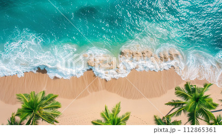 Beach Sand Sea Shore with Blue wave and white foamy summer background,Aerial beach top view overhead seaside. 112865361