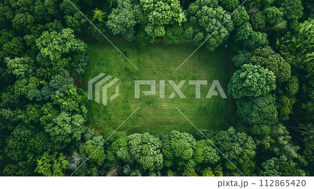 Soccer field Surrounded by green trees. Green background concept. Soccer field Surrounded by green trees. Green background concept. 112865420