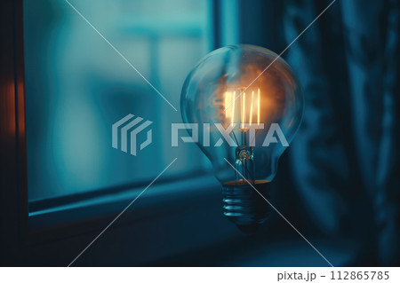 AI-generated content. Illuminated light bulb on a moody blue background, creating an atmosphere of innovation and ideas, suitable for themes of inspiration, energy, and intellectual property. 112865785