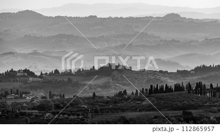 Typical Tuscan landscape with hills and cypresses in the very early morning near Montaione 112865957