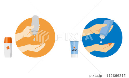 日焼け止めを塗る女性と男性の手のイラストセット 日焼け止めを塗る女性と男性の手のイラストセット 112866215