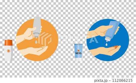 日焼け止めを塗る女性と男性の手のイラストセット 日焼け止めを塗る女性と男性の手のイラストセット 112866215