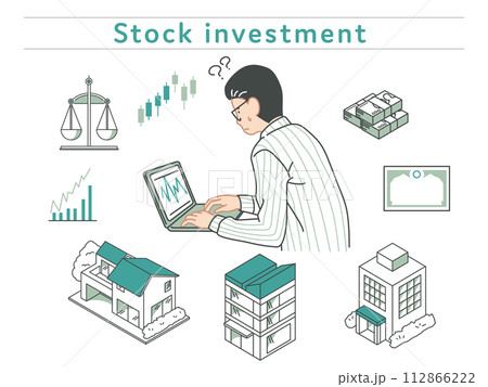投資をする男性と不動産投資のイメージイラスト素材 112866222