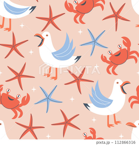 Vector seamless summer pattern with seagulls, crab and starfish 112866316