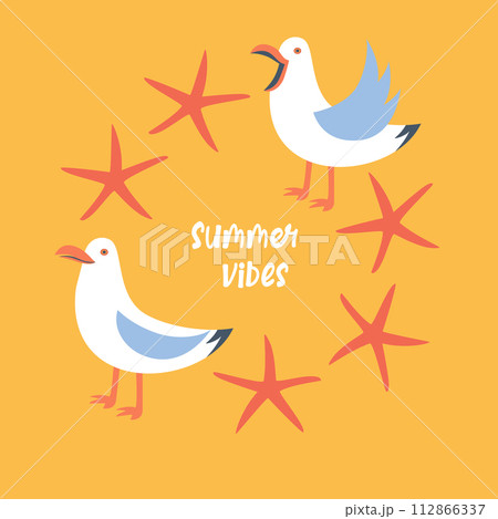 Vector summer card with seagulls and starfish Vector summer card with seagulls and starfish 112866337