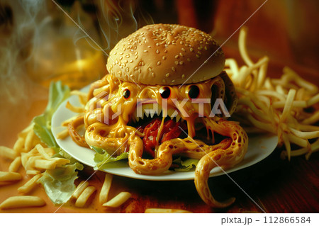 Cheeseburger monster with eyes and tentacles with fries on a plate Cheeseburger monster with eyes and tentacles with fries on a plate 112866584