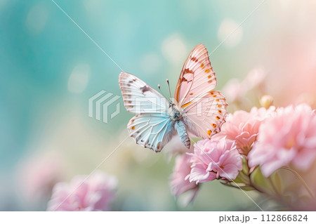 Pastel color butterflies on delicate spring flowers in a field with a space for text. Spring time. AI generated 112866824