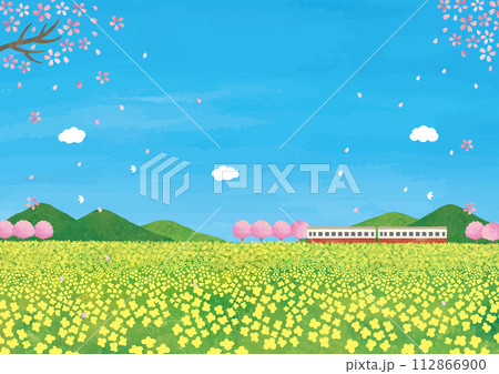 桜と電車と菜の花の水彩の景色 桜と電車と菜の花の水彩の景色 112866900