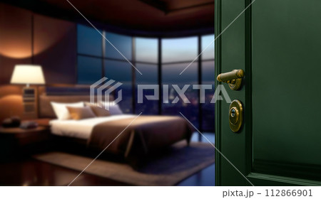 Opened door of hotel room with blurred luxury bedroom background Opened door of hotel room with blurred luxury bedroom background 112866901