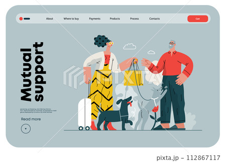 Mutual Support: Pet-sitting -modern flat vector concept illustration of a woman going on vacation leaving her dogs with neighbor. A metaphor of voluntary, collaborative exchanges of resource, services 112867117