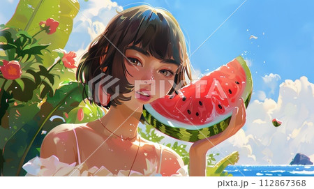 girl eating watermelon outside on hot summer day. 112867368