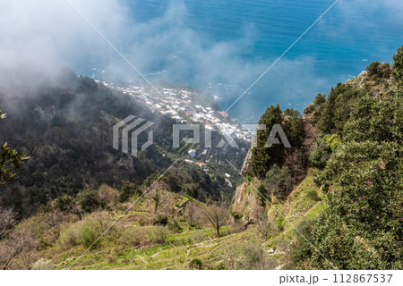 Shoreline of the scenic Amalfi coast from the path of the Gods, Southern Italy Shoreline of the scenic Amalfi coast from the path of the Gods, Southern Italy 112867537